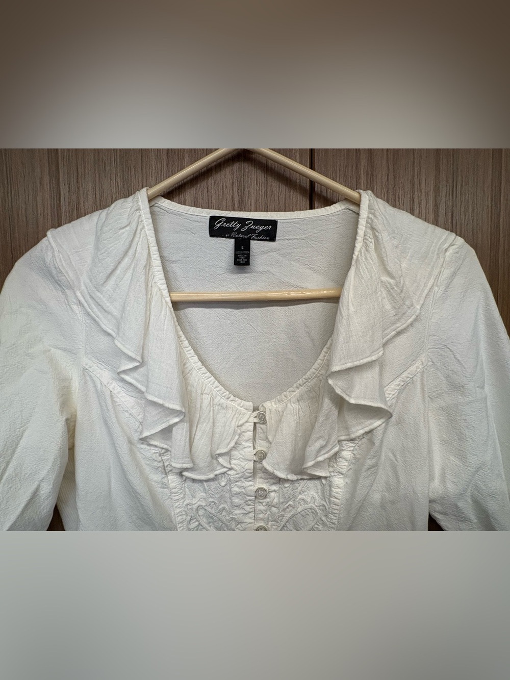 Cream Ruffle-Trim Button Front Blouse - Picture 4 of 8